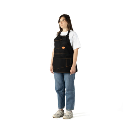 Modular Apron in black organic cotton – front view worn